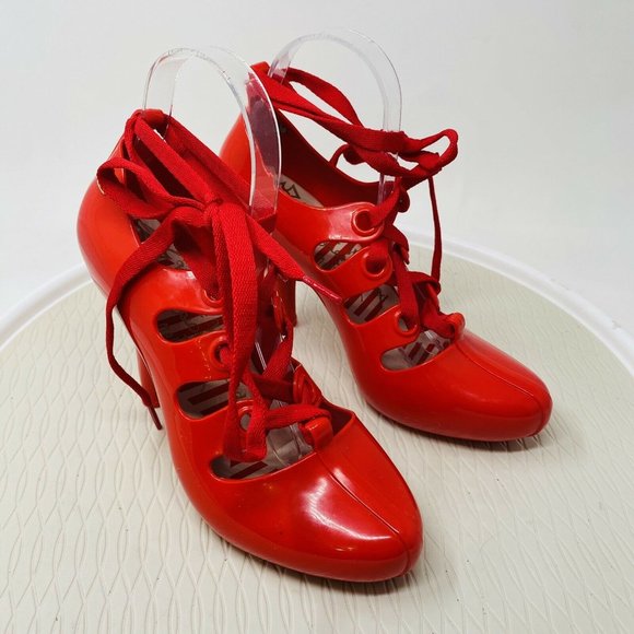 Vivienne Westwood Shoes - Vivienne Westwood Melissa Shoes Red Pumps 9 Anglomania Jelly Vegan Lace Up Heels